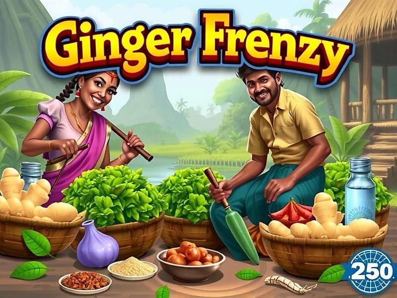 Ginger Frenzy game cover showing Indian farmers with ginger crops and regional spices